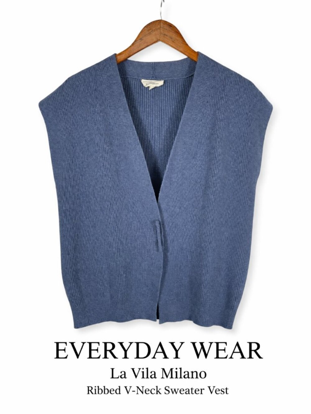 La Vila Milano Blue Ribbed Sweater Vest V Neck Minimalist Knit M